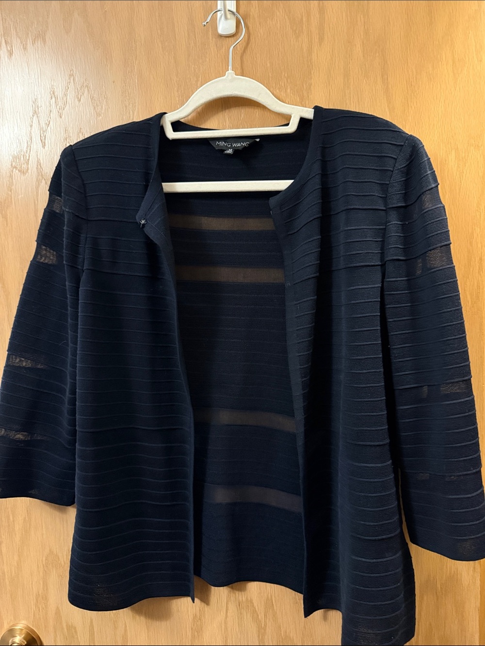 Ming Wang Navy Open-Front Sheer-Stripe Knit Cardigan